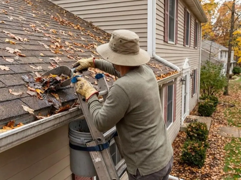 best way to clean out gutters by a professional wearing a brown hat