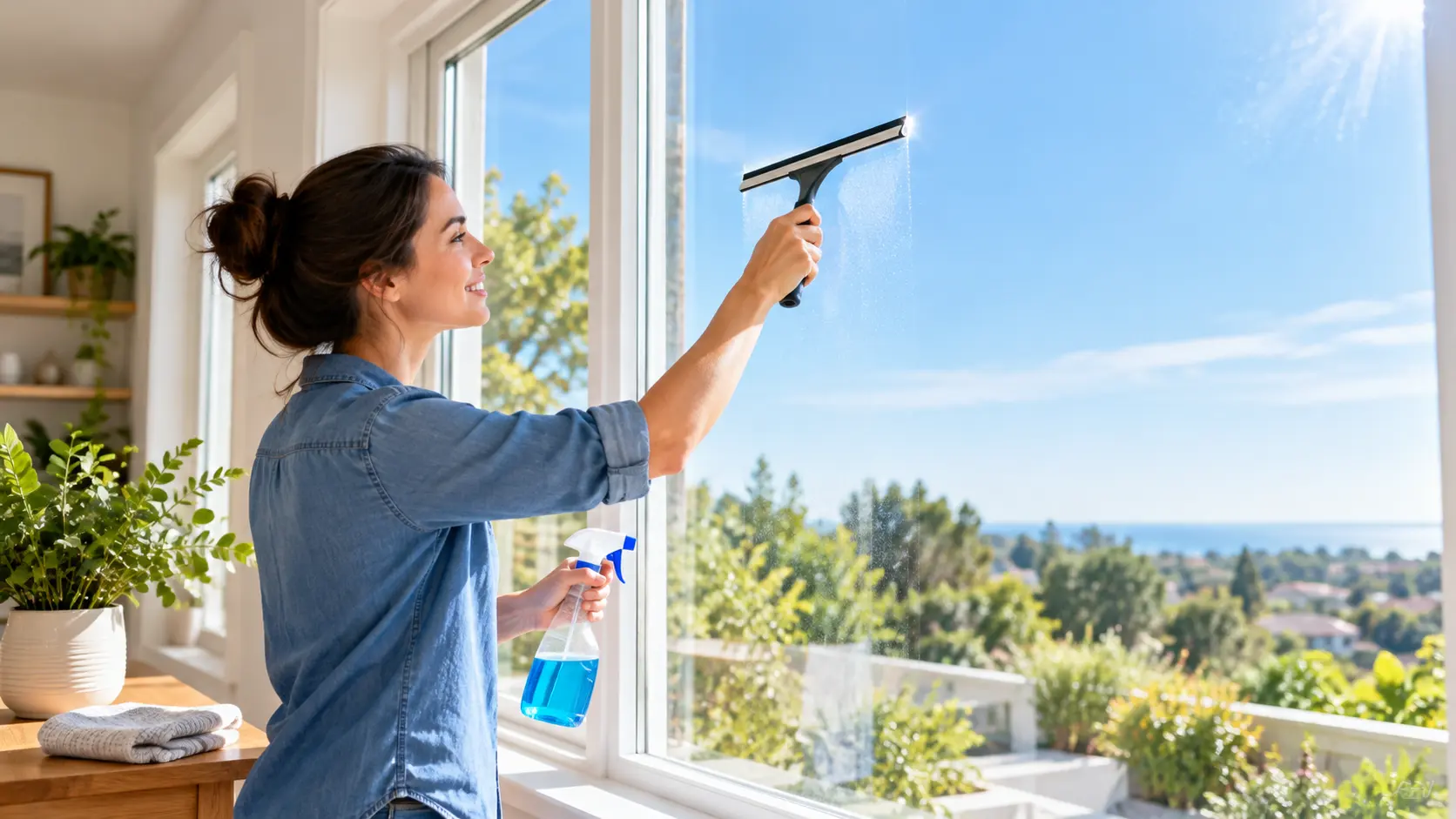 A woman smiling while washing the windows